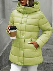 Casual Women Regular Length Black Puffer Jacket With Long Sleeves And Hooded Neckline For Winter - Lemon Green - View 2