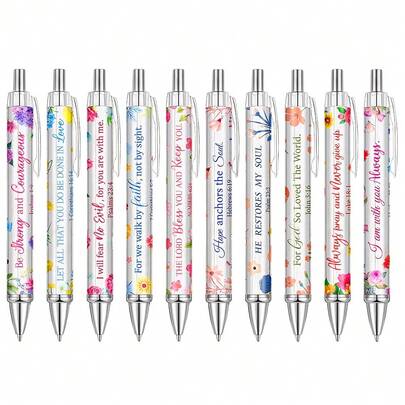10 支灵感基督教圆珠笔，男女款，尖头，带有宗教名言、励志圣经经文和灵敏触感笔尖 - 塑料圆形笔身，适合办公室和礼物使用。﻿