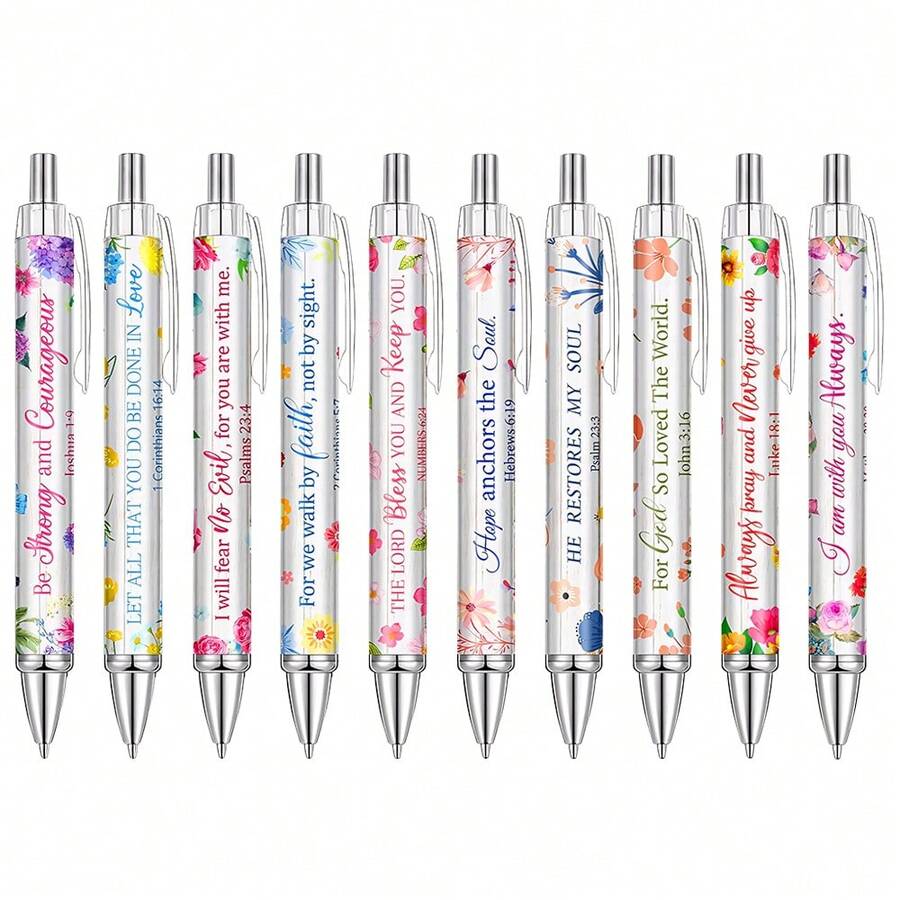 10 支灵感基督教圆珠笔，男女款，尖头，带有宗教名言、励志圣经经文和灵敏触感笔尖 - 塑料圆形笔身，适合办公室和礼物使用。﻿