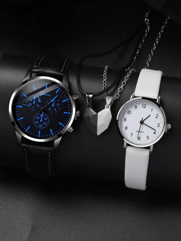 4 piezas Regalos de moda y exquisitos, set de regalo con reloj de cuarzo redondo simple, reloj de pareja redondo para hombres y mujeres con colgante con logo y corazón, set de collar de pareja