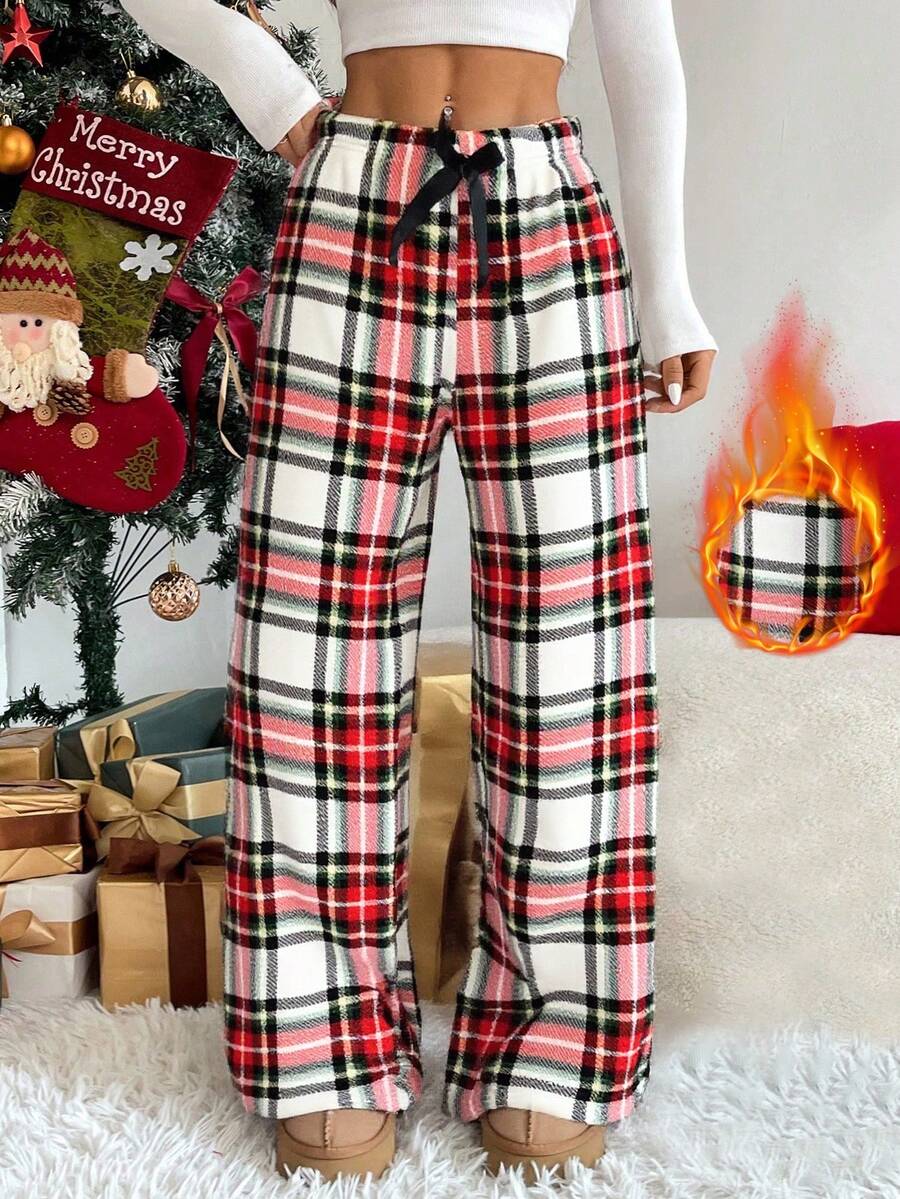 女士直筒抓绒休闲保暖裤，带3D蝴蝶结，舒适冬季家居服 - 彩色 - 查看 1