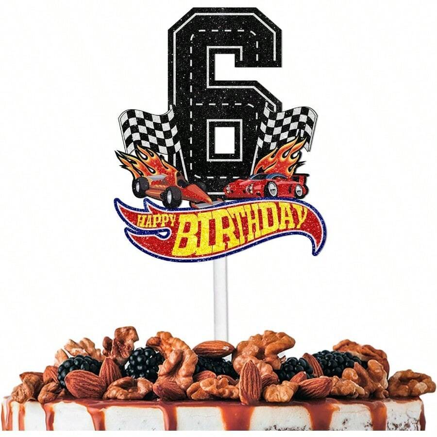 DBlack Glitter Flag Car 6 Happy Birthday Cake Topper Cheer To Racing Car Sport Theme Decor Plies Boys Girls Happy 6th Birthday Party Decorations - 黑色 - 查看 1