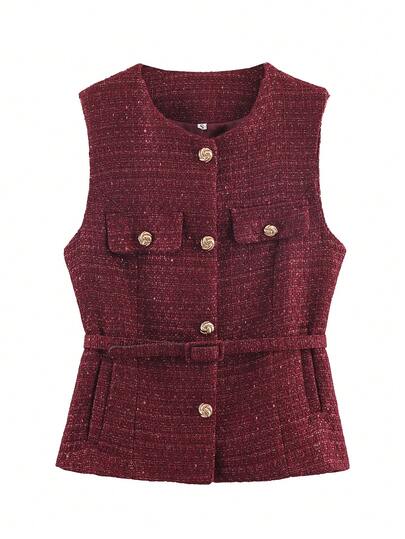 Women's Elegant Waist Belt Vest Solid Color Tweed Sleeveless Jacket, Fashion Versatile For Office Wear, Spring/Autumn