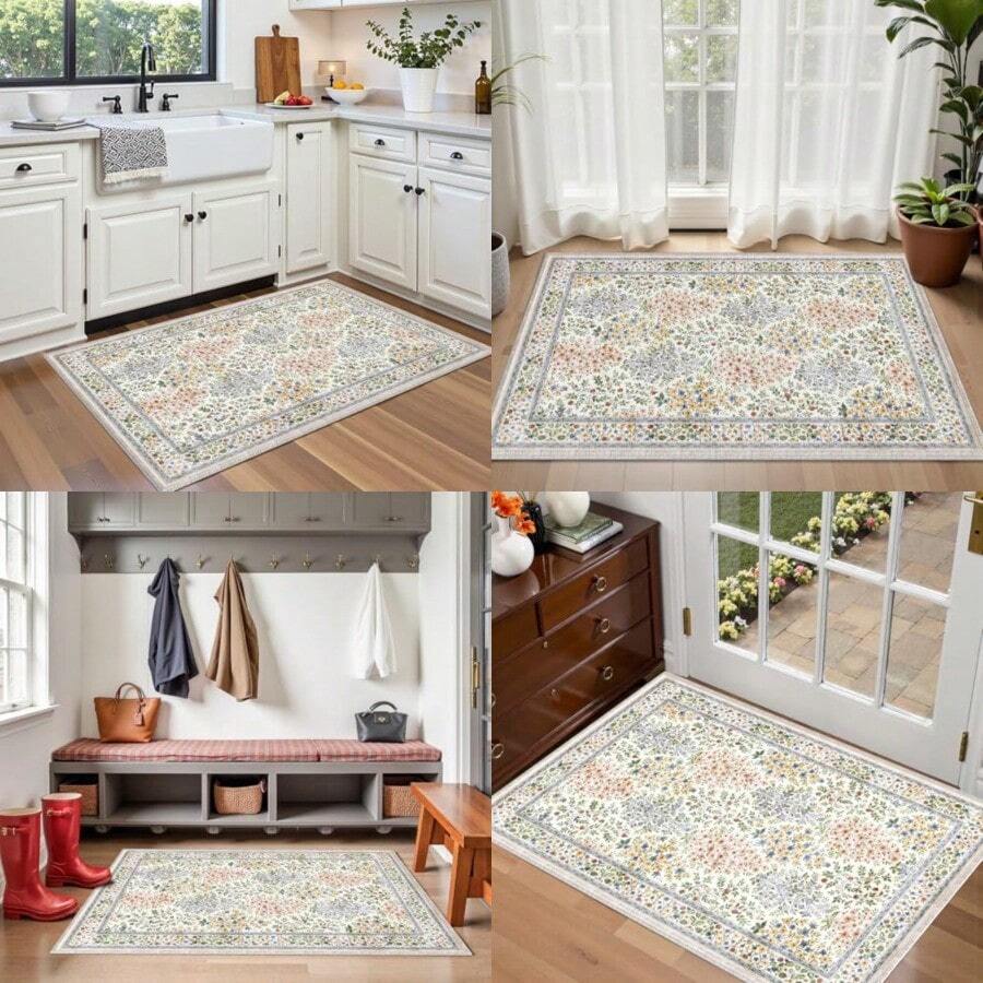 Entryway Rug Vintage Floral Soft Non  Low Pile 2x3 Rug Washable Modern Entrance Rugs Indoor For Bedroom Kitchen Laundry Beige