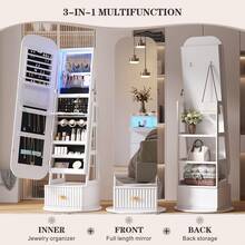 HWB 360°Swivel Jewelry Organizer With Full Length Mirror With Lights,Jewelry Armoires Cabinet Standing With Drawer,Large Mirror Storage For Jewelry And Makeup(White) - White - View 9