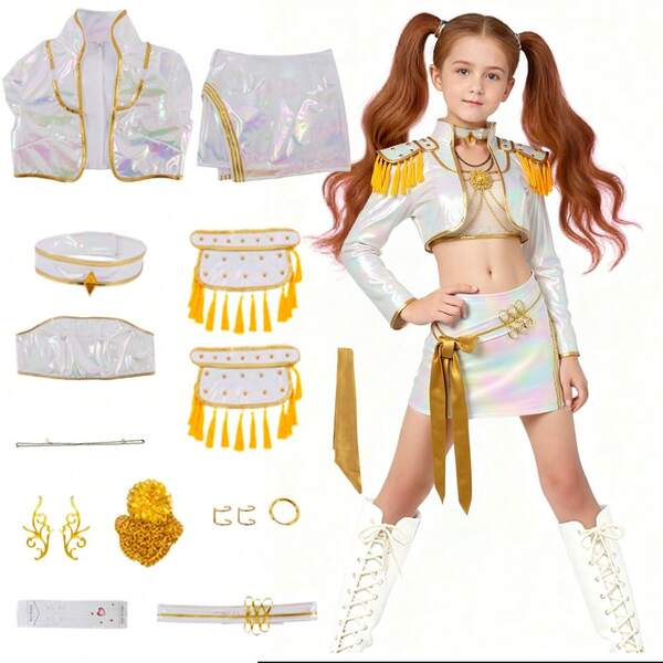 Rumi, Zoey, Mira Kpop Costume, Kids Demon Costume For Girls, Anime KPop Hunters Cosplay KPop Singers Stage Halloween Outfits, 3Pcs Hunters Girls Stage Outfit Jacket T Shirt Pants KPop Singers Dress Up Carnival Costume For 120-160CM