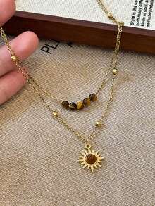 1 件复古金向日葵和虎眼石项链，分层佩戴毛衣链，锁骨项链配饰，适合派对和宴会，秋冬 - 彩色 - 查看 5