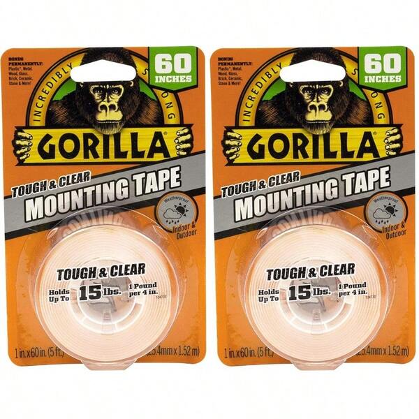 Gorilla Tough And Clear Double Sided Mounting Tape Hanging Instant 6.8kg Strong Hold Permanent Bond Weatherproof 25.4mm X 1.52m Clear Pack Of 2 GG41022