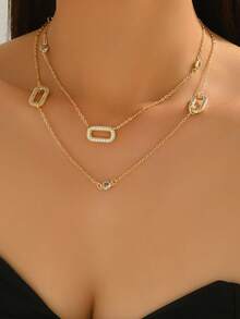 1 件女士法式镂空矩形几何长项链毛衣链，百搭分层佩戴，适合派对、聚会、休闲 - 金色 - 查看 3