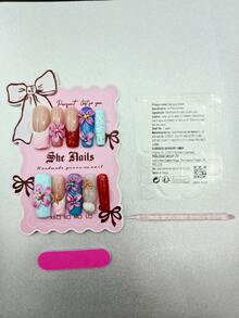 10pcs Glossy Y2K French Western Ocean Nail Art, Pink Nails, Red Nails, Light Blue Nails, Shiny Nails, 3D Handmade Starfish & Shell Decor, 3D Hand-Painted Wavy 3D Colorful Carved Rectangle Acrylic Nails, Perfect For Bikini Beach Matching. - 彩色 - 查看 7