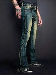 YANGCANREN Men's Fashionable Slim Fit Flared Stretch Jeans - Dark Green - View 6