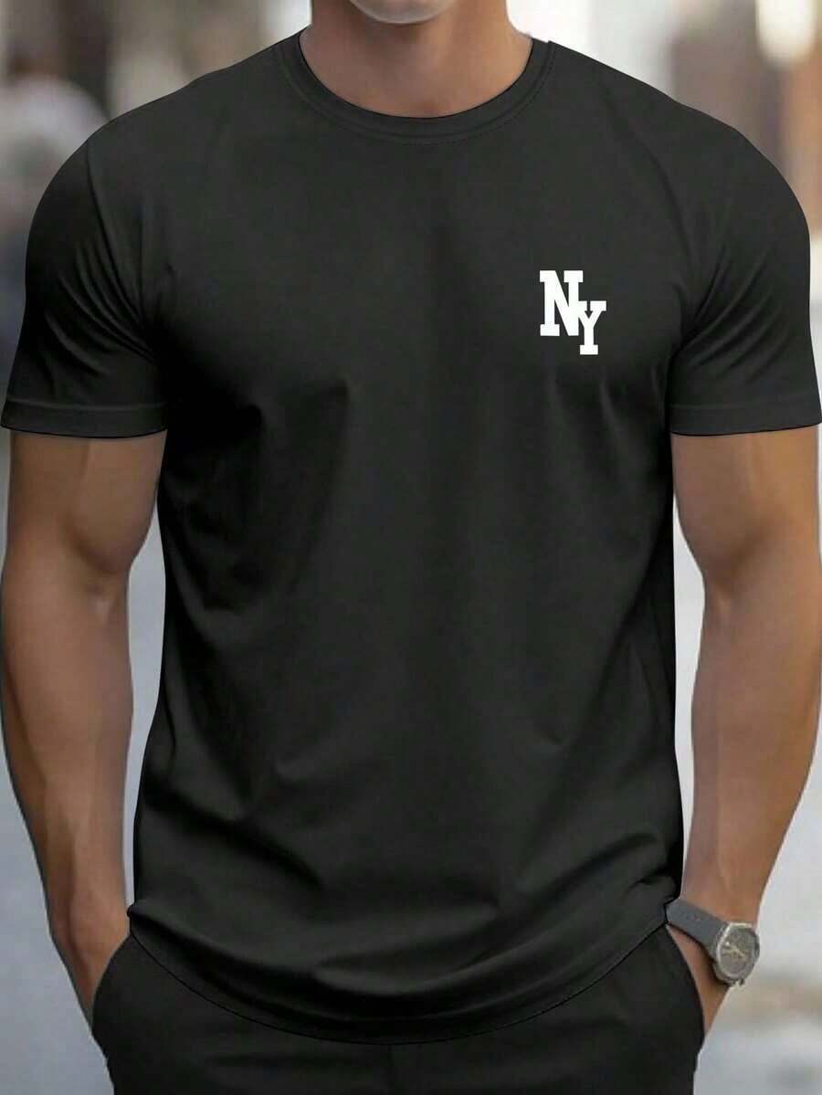 Big And Tall Men Plus Size MenManfinity Homme Men's Letter Print Round Neck Short Sleeve Casual Versatile T-Shirt - 黑色 - 查看 1