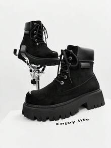 SLnU3 3pcs Men's Fashion High-Quality Casual Thick-Sole Elevated Boots, Dopamine Color, Minimalist Design, Punk Hip-Hop British Street Style, Versatile For All Seasons - Black - View 6
