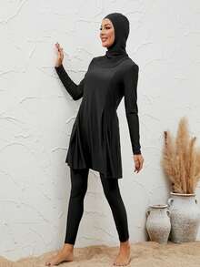 VFJ Burkini Muslim Women's Swimsuit Plain Islamic Coffee Color Swimsuit Long Sleeved Full Set 3PCS Beachwear With Hat