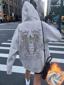 New Minimalist Angel Wings Print Casual Round Neck Long Sleeve T-Shirt, Fashionable & Versatile, Suitable For Women Fleece Hooded T-Shirt, Autumn/Winter - Dark Gray - View 2