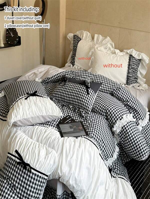 3pcs French Pink Plaid Duvet Cover Set, Cute Ruffles Bedding, Including 1 Duvet Cover And 2 Pillowcases, Without Any Filling , The Duvet Cover Is Equipped With A Zipper, Easy To Care, The Fabric Is Comfortable And Soft, Suitable For All Seasons