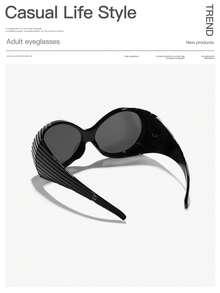 1 PC Women's Metal Hinge Asymmetrical Large Frame Round Wide Leg Fashion Black Glasses,Street Hip Hop Y2K Glasses For Events Parties Holidays - Multicolor - View 4