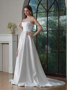 YOUKEFEIER 性感无肩带高开衩缎面亮面长款婚纱 - 米色 - 查看 2