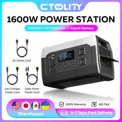 Estación de energía portátil CTOLITY XP1000, batería LiFeP04 de 1024 Wh, 1600 W, generador de energía solar de 320 000 mAh para el hogar, exteriores, camping, autocaravanas y viajes.