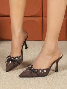 Fall/Winter Women's Fashion Pointed Toe Coffee Brown Bow Accent Party -On Stiletto High Heel Pumps, Elegant, Mule