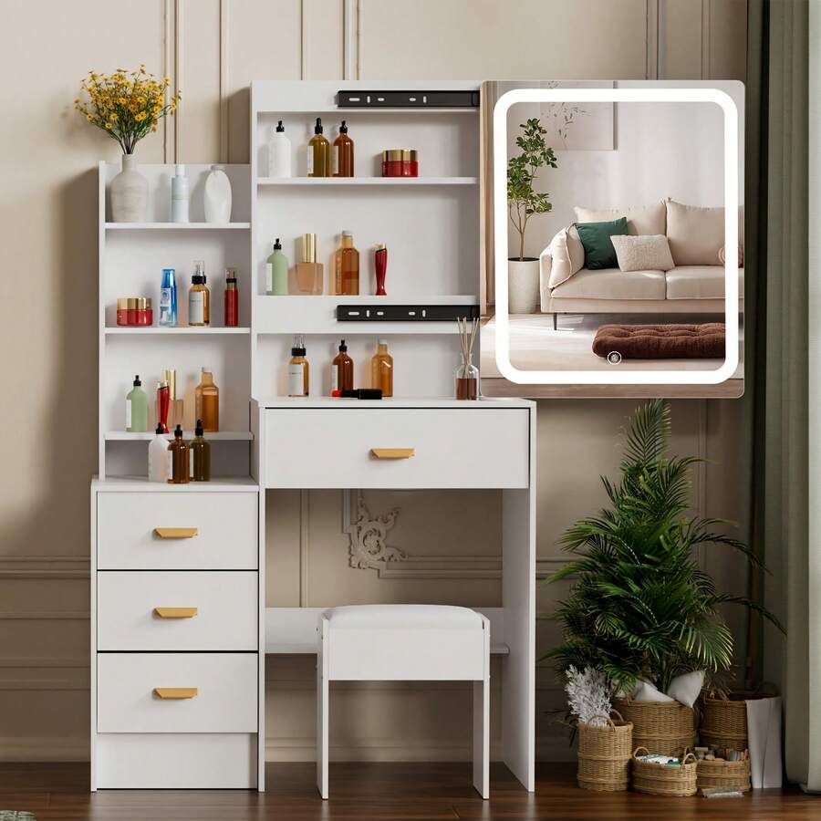 [Top-Wahl für Halloween- und Weihnachtsgeschenke] Schminktisch mit Spiegel, Frisiertisch, Make-up-Tisch mit Schubladen – skandinavischer moderner Stil, Massivholzkonstruktion, dimmbare LED-Touch-Sensor-Leuchten, geräumiger Aufbewahrungs-Organizer mit mehreren Fächern für alle Kosmetika, Hautpflegeprodukte, Schmuck und Accessoires | Perfekter Schminktisch für Schlafzimmer, Badezimmer, Organizer für Studentenwohnheime | Minimalistische, frische Ästhetik, mädchenhafte Wohnkultur, tolles Geschenk für Frauen, Teenager, Brautparty-Geschenk, lokales Lager