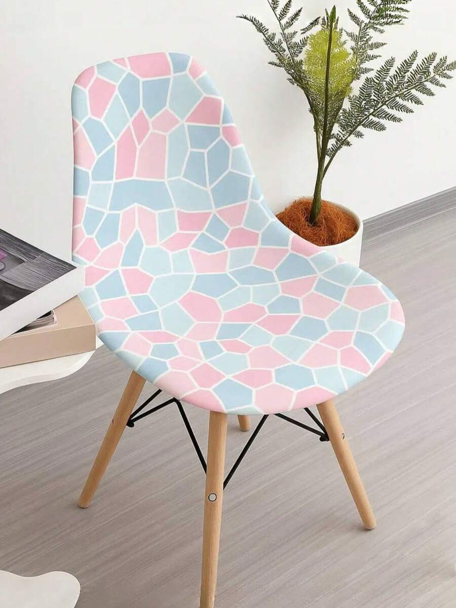 1/4 件数码印花粉色和蓝色几何牛奶丝海螺椅套，高弹性可拆卸可洗，适用于客厅、餐厅、派对等各种场合 - 彩色 - 查看 1