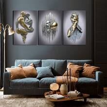 3 Pieces, Modern Bedroom Wall Art, Metal Effect Oil Painting Wall Decoration, Abstract Figure Statue Art Print Living Room Home Decor - 2D Flat - 銀色 - 查看 7