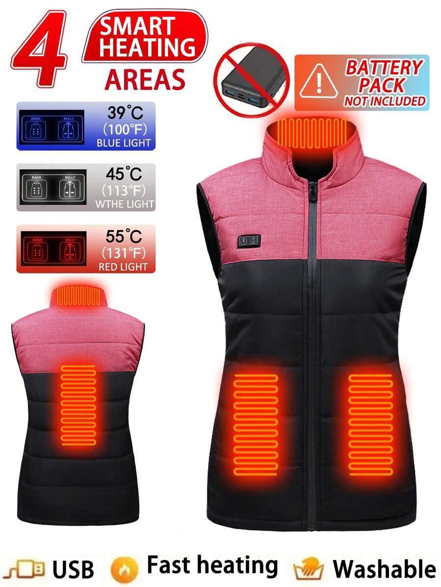 Women's Casual Color Block Heated Vest, Dual Control 4 Heating Zones, Winter Warm Heated Jacket
