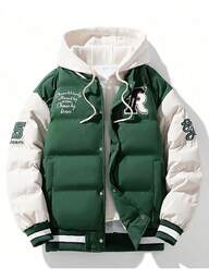 Męski płaszcz z długim rękawem, haftowanym napisem w blokach kolorów, ze ściągaczem i kapturem, na jesień i zimę