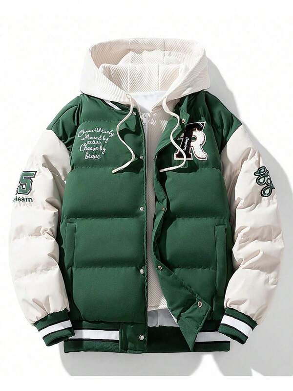 Men's Letter Embroidered Color Block Drawstring Hooded Coat, For Fall Winter