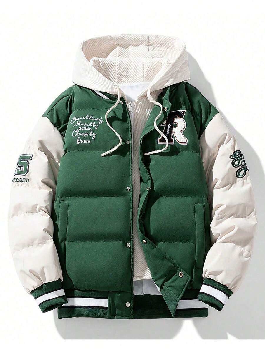 男士长袖字母刺绣撞色抽绳连帽外套，适合秋冬季穿着 - 綠色 - 查看 1
