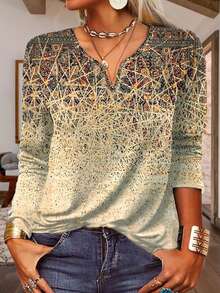 Graphic Print Notched Neck Tee - Khaki - View 7