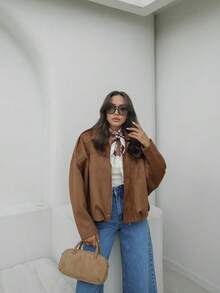 FGGG Brown Short Suede Jacket For Women Autumn Winter Stitched Collar With Long Sleeves Relaxed Fit Versatile Layering Women's Top For Casual Outings Gatherings And Commuting