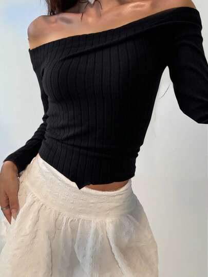 Camiseta casual de manga larga con hombro asimétrico y cuello oblicuo, unicolor, talla grande, otoño