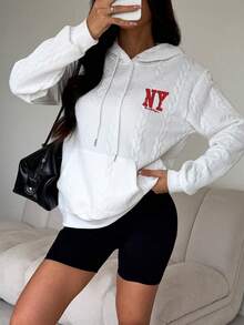 女士时尚连帽长袖针织面料运动衫，带抽绳细节和纽约图案 - 白色 - 查看 4