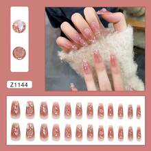 "24pcs Removable French Glitter Starry Heart & Bow Press-On Nails, Elegant Chic Nail Art Tips Set, Sweet & Stylish Nails For Daily & Special Occasions" - Màu be - Xem 7