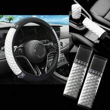 5pcs Car Interior Accessories Set - Steering Wheel Cover, Gear Shift Knob Cover, Seat Belt Shoulder Pad, Rhinestone & PU Leather Patchwork, Fits 14.5-15 Inch Steering Wheel, Universal Car Decor