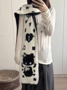 1pc Guitar & Broken Heart Cat Reversible Black & White Fluffy Scarf, Warm & Skin-Friendly, Perfect Gift For Girlfriend Or Best Friend, Also Can Be Used As Ladies Shawl - Multicolor - View 2