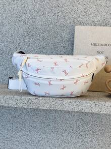 1 Stück Vorderer Reißverschluss Bedruckter Schleifen Nylon Stoff Lässige Brusttasche, geeignet für Teenager Mädchen, weibliche Studenten, Erstsemester und Büroarbeiter, perfekt für Büro, Uni, Arbeit, Geschäft, Pendeln, Outdoor, Reisen, Ausflüge, erster Schultag College Stil Hüfttasche