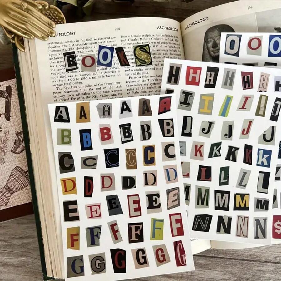 181pcs/4 Sheets Vintage English Alphabet & Number Symbol Sticker Pack, Aesthetic Scrapbooking Stickers For Planner, Diary, Phone Case, Wall Decor, DIY Crafts, Party, Home, Office, School Use - Multicolor - View 1