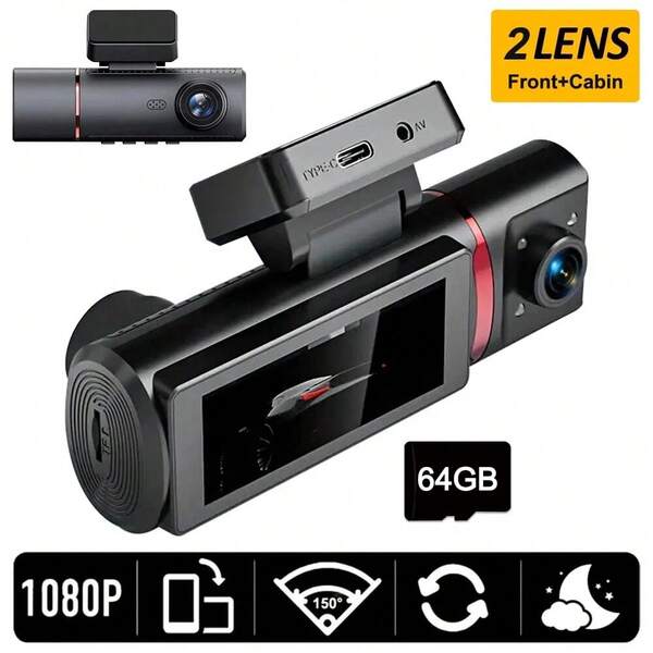 2 Camera Dash Cam For Cars - 1080P Front & Rear, IPS Screen, Night Vision, G-Sensor, WDR, Loop Recording - Car Camera - Vehicle Black Box DVR -- Wide Angle Lens, Rotatable Lens