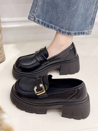 Women's Thick Sole Loafers, Metal Decor, British Style, Platform, Slip-On, Retro, Versatile