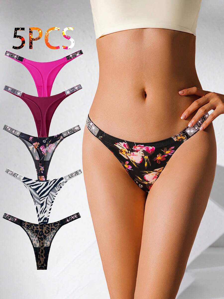 JROZXF 5pcs Sexy Thongs Womens Panties Rhinestone Low Waist Underwear Soft Breathable Comfortable Female Lingerie Good Elasticity Opaque Suitable For Daily Work Sports And Dating Sexy Gifts For Lovers Womens - Màu hỗn hợp 3 - Xem 1