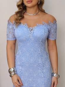Long Off-The-Shoulder Party Dress In Shiny Lace - Baby Blue - View 4