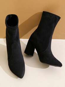 女式复古英伦风格尖头切尔西细踝靴，秋冬中粗跟短靴，女式短款弹力踝靴 - 黑色 - 查看 4