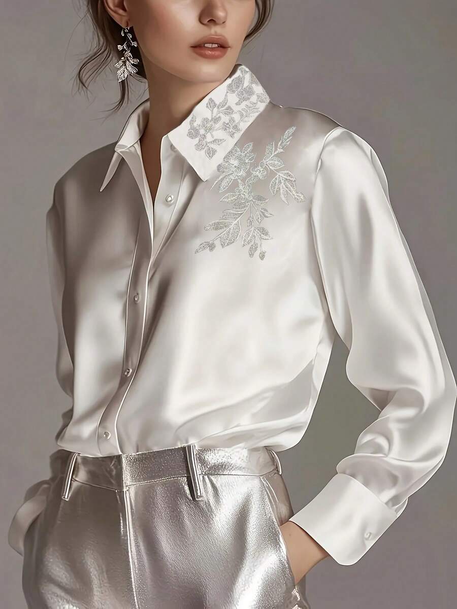 Women Satin Embroidery Floral Pattern Blouse - Silver - View 1