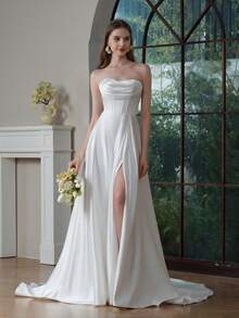 YOUKEFEIER 性感无肩带高开衩缎面亮面长款婚纱 - 米色 - 查看 7