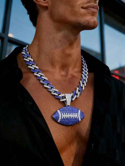 1pc Men's Football Shape Crystal Pendant Necklace, Sports Style Rhinestone Olive Green Football Pendant Necklace, Hiphop Jewelry, Suitable For Festival Party Gifts, Pink/Blue/Orange