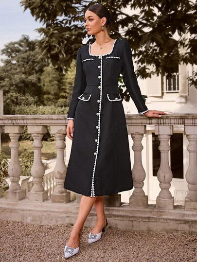 Sollinarry Women's Autumn/Winter New Urban Chic Color Block Trim Front Button Pocket Decor Long Sleeve Dress, Suitable For Work, Dates, Shopping