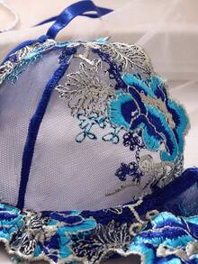 2 件套女士深海蓝色蕾丝下摆性感内衣套装，半透明镂空网眼日常文胸和内裤，适合女性的两件套日常文胸套装，可全年穿着 - 藍色 - 查看 3